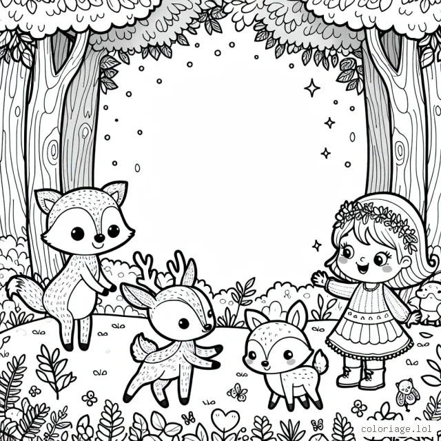 Une petite fille joue avec ses amis les animaux de la forêt dans une clairière enchanteuse.