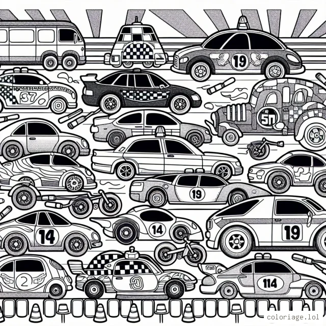 Imagine un ensemble de voitures en différentes formes et tailles, alignées pour une course passionnante. Il y a des voitures de course rapides, des voitures de police brillantes, des fourgonnettes colorées et même des voitures vintage! Chaque voiture porte un numéro qui a besoin d'une teinte vibrante. Les lumières des voitures clignotent tandis que le public attend avec empressement le début de la course.