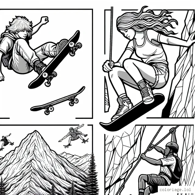Une journée incroyable de sport extrême: skater sautant un fissure dans un skateboard park, kneebording en haute mer et free climber escaladent une montagne enchevêtrée
