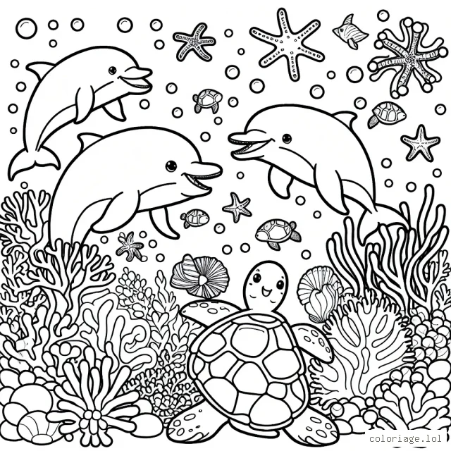 Imagine un jubilé de dauphins célébrant une fête sous-marine avec des tortues, des étoiles de mer et des coraux colorés!