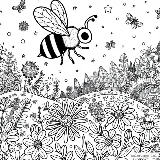 Une abeille d'or survolant un paysage enchanteur, recouvert d'une multitudes de fleurs exotiques