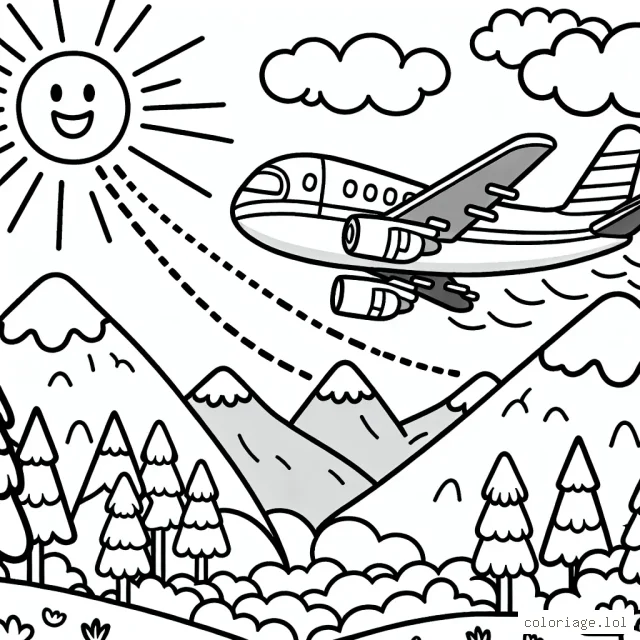 Concevez un paysage dynamique montrant un avion en plein vol, passant au-dessus des montagnes et laissant des traces de jet stream dans le ciel. L'avion doit avoir différentes sections à colorier, tels que les ailes, le corps, le cockpit et les moteurs. Y compris quelques nuages éparpillés dans le ciel et un soleil souriant au-dessus.