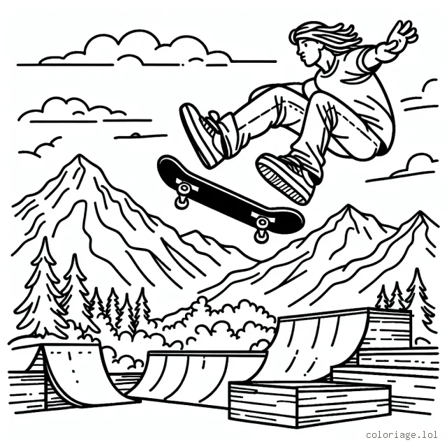 Dessine un skateur effectuant un saut incroyable au-dessus d'une rampe, avec des montagnes en arrière-plan.