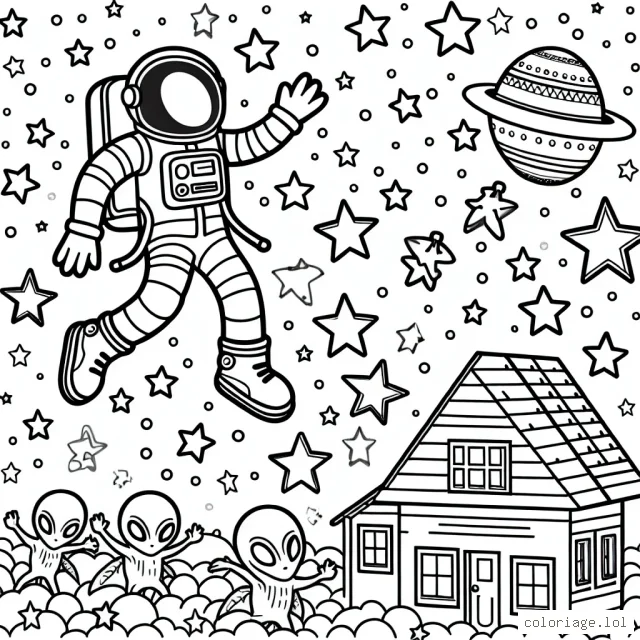 Un astronaute en train de sauter par-dessus les étoiles qui sont en fait des petites maisons pour les aliens
