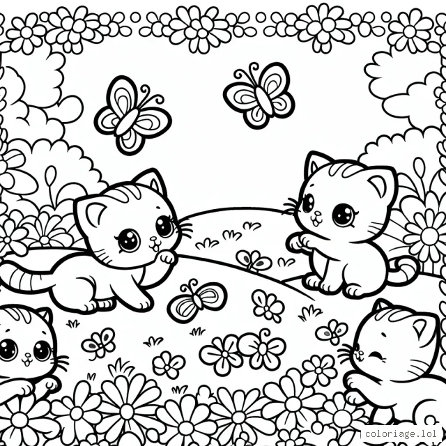 Un groupe de chatons mignons jouant avec des papillons dans un jardin.