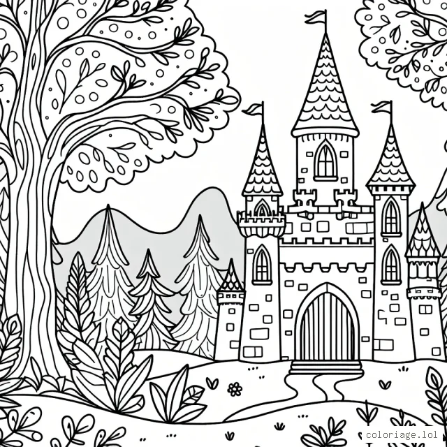 Un château féerique au milieu d'une forêt enchantée