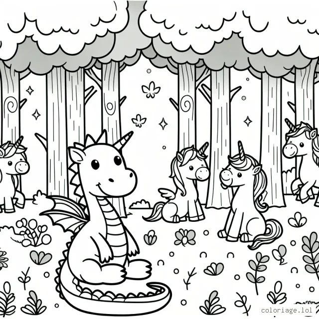 Un dragon amical joue avec des licornes dans une forêt magique