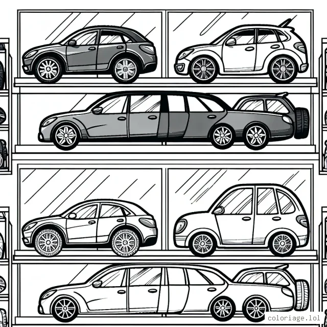 Dessine une gamme de voitures par marques différentes. Posées côte à côte dans une vitrine de concession, ces voitures de marques telles que Renault, Peugeot, Mercedes, Audi et BMW attendent d'être colorées. N'oublie pas de détailler les logos de chaque marque sur les voitures !