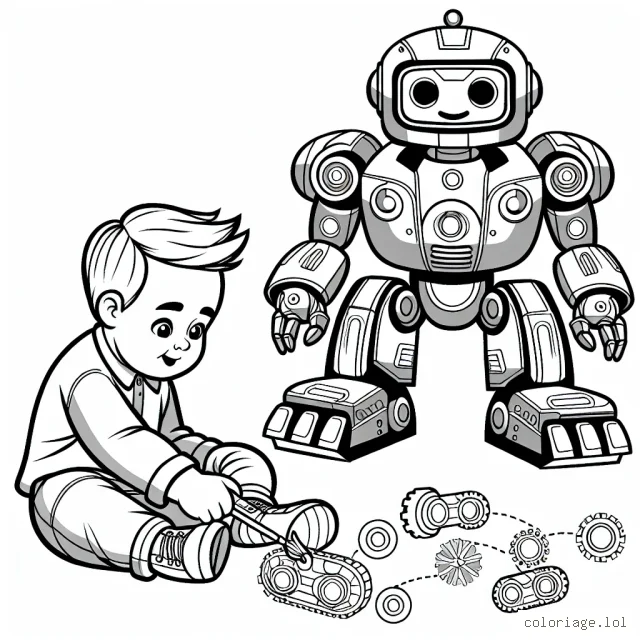 Un petit garçon interagissant avec des robots futuristes