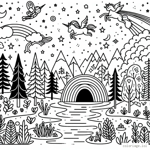 Imagine et dessine une scène animée dans une forêt magique, avec un monde sous-marin caché dans un lac, des licornes volantes et des arbres arc-en-ciel !