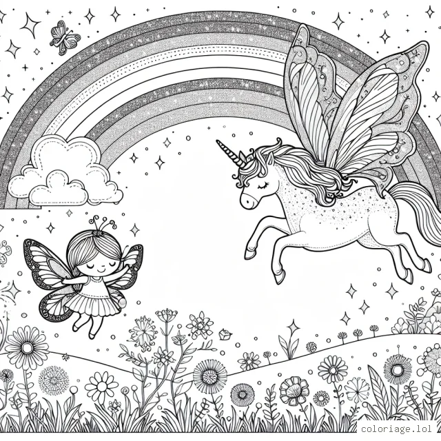 Dans un monde féerique, une petite fée aux ailes brillantes vole vers une magnifique licorne ailée auprès d'un arc-en-ciel scintillant.