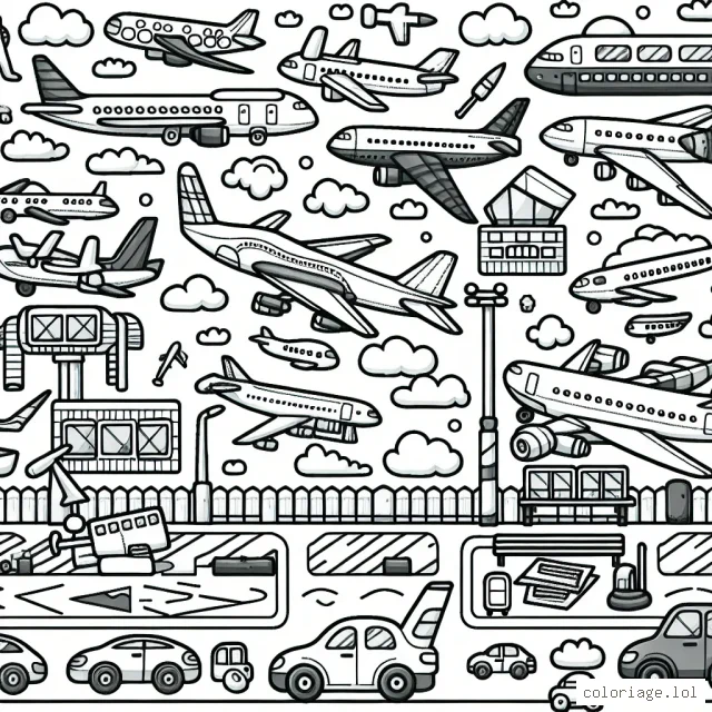 Sur un terrain d'aviation, on y trouve de nombreux avions de tailles et de formes différentes. Certains sont prêts à décoller, tandis que d'autres sont encore au sol. Donne vie à cette scène en la remplissant de couleurs vives et variées !