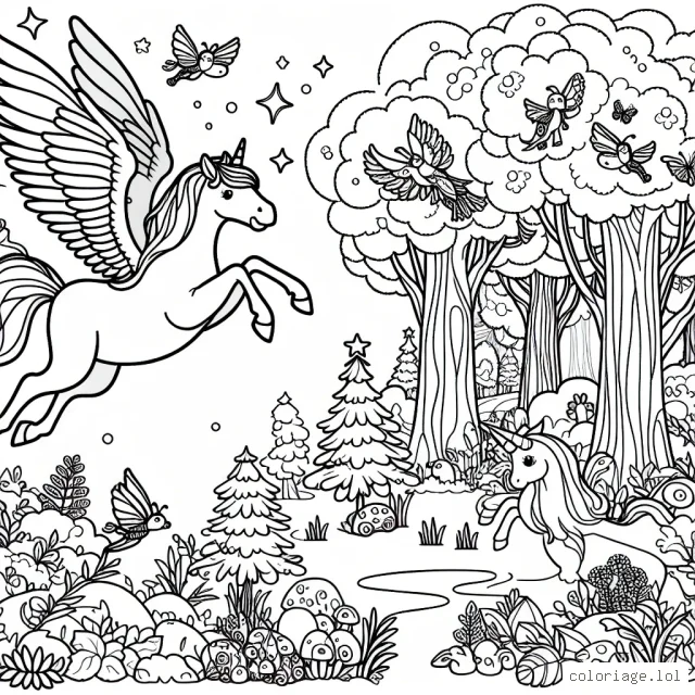 Un pégase magique volant au-dessus d'une forêt enchantée peuplée de créatures fantastiques