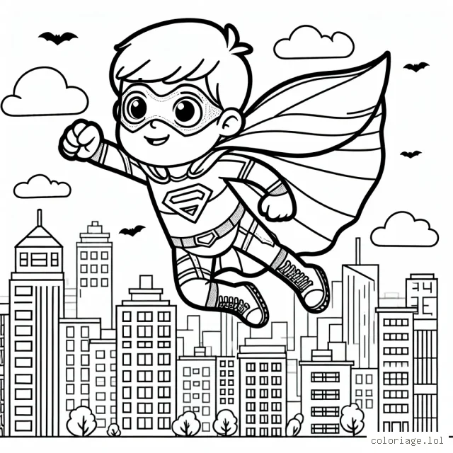 Un petit garçon avec un costume de super-héros volant au-dessus de la ville.