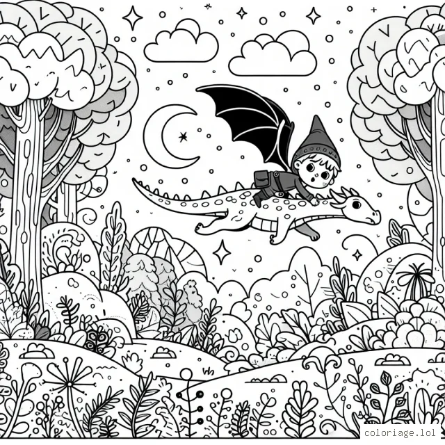 Un petit garçon audacieux s'est embarqué dans une aventure fantastique, montant son fidèle dragon et volant à travers une forêt mystique pleine d'animaux magiques et de créatures enchanteresses.