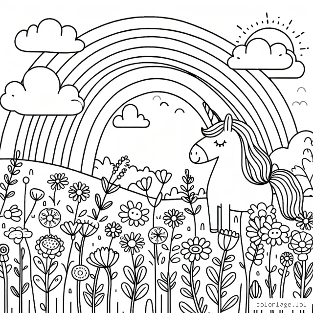Un champ de fleurs sauvages avec une licorne et un arc-en-ciel