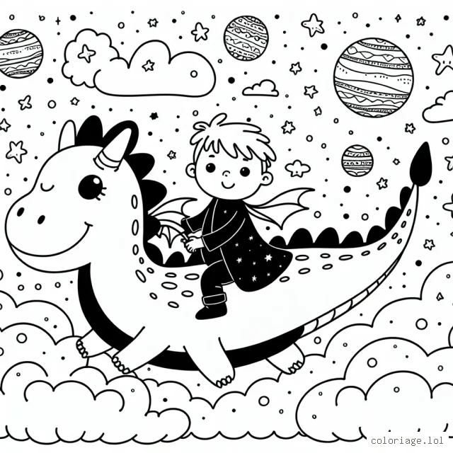 Un petit garçon vole au-dessus des nuages sur un dragon amical, ils explorent un ciel rempli d'étoiles et de planètes colorées.