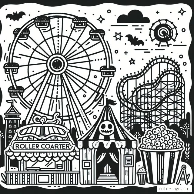 Une scène animée d'un parc d'amusement avec une grande roue, des montagnes russes, une maison hantée et des kiosques à popcorn