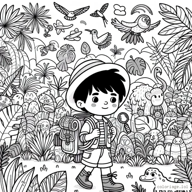 Un jeune explorateur courageux marche à travers une jungle animée, entouré par une multitude de plantes exotiques, d'animaux, d'oiseaux et d'insectes de différentes formes et tailles. Il porte un sac à dos rempli d'équipements intéressants comme une boussole, une loupe et un carnet de notes.