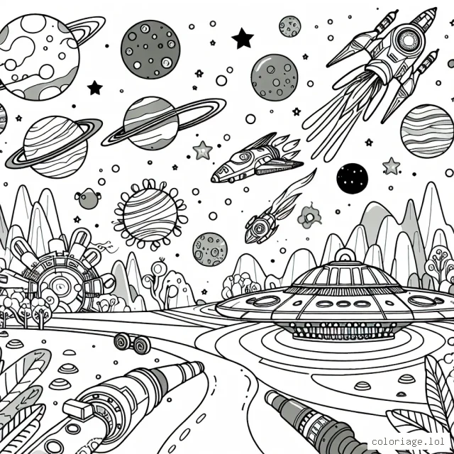 Une scène d'aventure épique dans l'espace avec des vaisseaux spatiaux, des extraterrestres et des planètes lointaines.