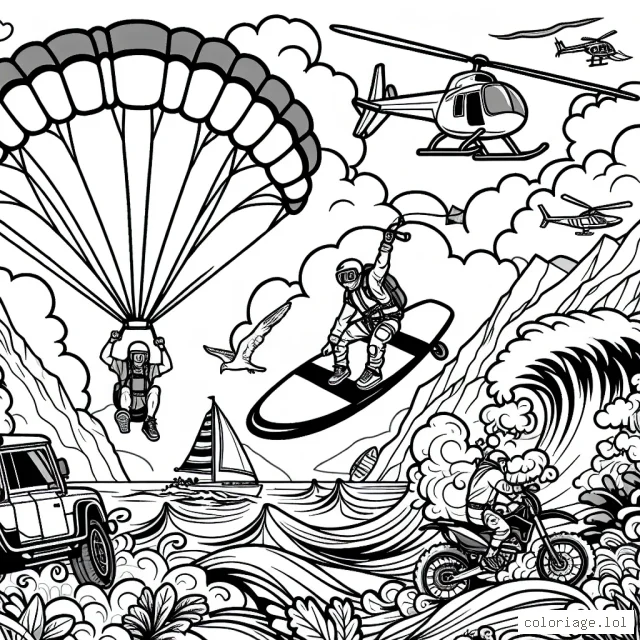 En utilisant ta large palette de couleurs, apporte de la vie à cette scène de sports extrêmes où des sportifs s'élancent en parapente au-dessus d'une mer déchaînée, pratiquent le surf sur des vagues impressionnantes, s'aventurent en motocross dans une forêt dense et grimpent des montagnes vertigineuses. Les hélicoptères, les casques de sécurité et le matériel sportif n'attendent que ta touche colorée.