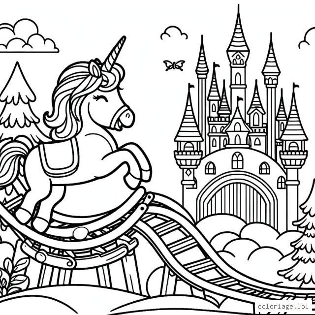 Un parc d'attractions fantaisiste avec des montagnes russes en forme de licorne
