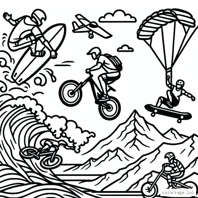Imaginez et dessinez des athlètes pratiquant des sports extrêmes, comme du surf sur de grandes vagues, du saut à vélo sur des rampes de skateboard, de l'escalade sur de hautes montagnes, et du parapente à travers le ciel.