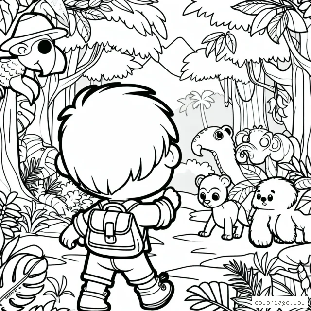 Un petit garçon aventurier explore une jungle mystérieuse peuplée d'animaux exotiques.