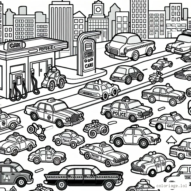 Voici une scène animée remplie de voitures de toutes formes et tailles sur une route animée de la ville. Il y a des taxis, des voitures de police, des voitures de course et même des voitures anciennes ! Il y a aussi une station-service et un garage de réparation de voitures sur le côté. Colorie-les tous avec tes couleurs préférées !