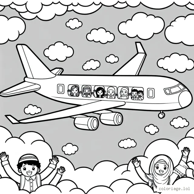 Un grand avion volant parmi les nuages, avec des passagers et le pilote qui saluent à travers les fenêtres.