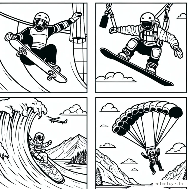Un dessin plein d'action avec un skateboardeur effectuant une manœuvre audacieuse à la moitié d'une rampe de skateboard, un snowboardeur descendant une piste montagneuse enneigée, un surfiste chevauchant une vague massive et un parachutiste descendant du ciel. N'oubliez pas le détail de leurs équipements de sécurité!