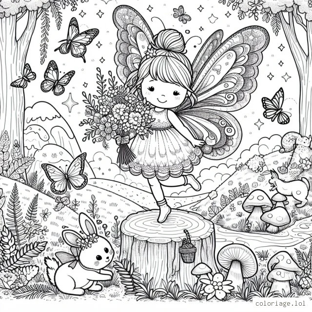 Un décor féerique de forêt enchantée avec une adorable petite fée déployant ses ailes scintillantes et un bouquet de fleurs magiques à la main, entourée par de mignons petits animaux : un écureuil portant un petit panier de noisettes, un lapin sautillant avec un ruban lisse et brillant, un papillon aux ailes multi-couleur, tous dans un paysage parsemé de champignons, de fleurs, et de fougères.