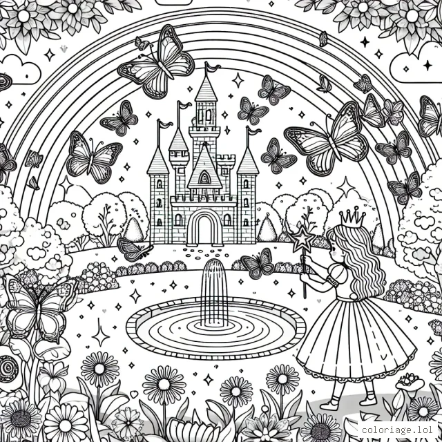 Un parc féerique est envahi par des papillons magiques. Dans ce parc, il y a un grand château, un arc-en-ciel, des fleurs de différentes formes et tailles et un petit étang brillant. Au centre, une petite fille en robe de princesse tient une baguette magique tout en jouant avec les papillons.