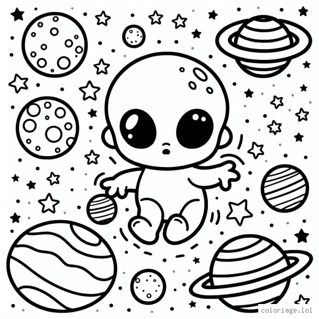 Un petit extraterrestre mignon joue avec des planètes colorées dans un univers étoilé