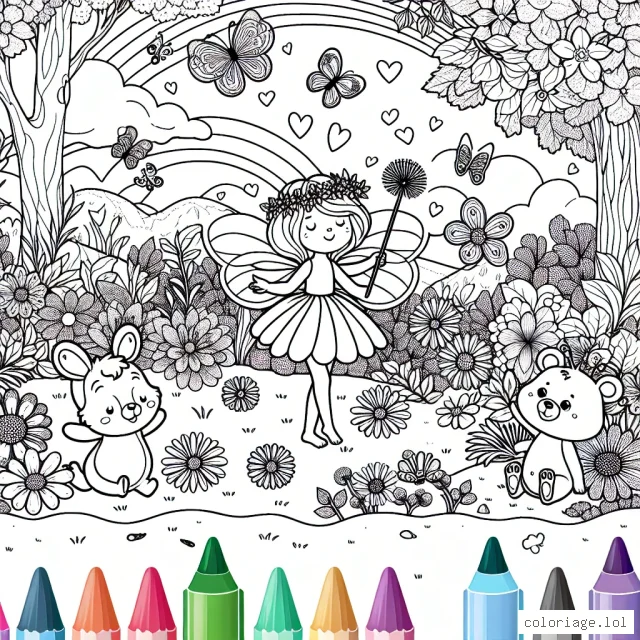 Dans un magnifique jardin plein de fleurs multicolores, une petite fée aux ailes transparentes joue avec d'adorables animaux de la forêt. Dessine et colorie ce paysage magique.