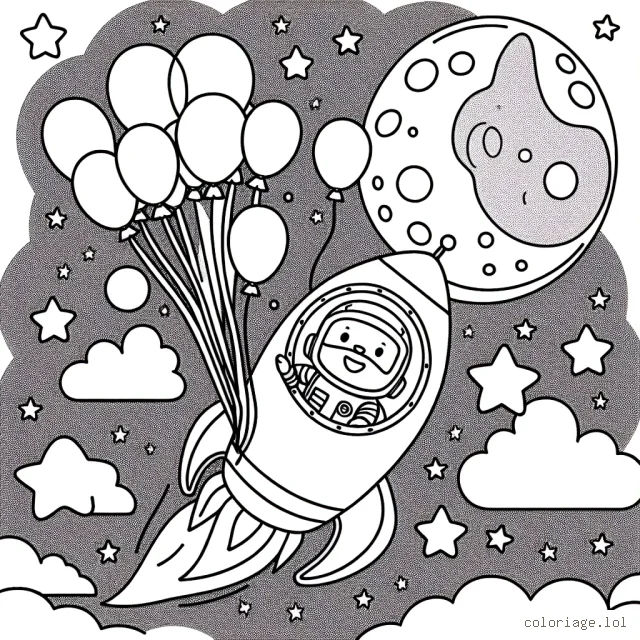 Un astronaute souriant dans une fusée passe devant la lune avec des étoiles scintillantes en arrière-plan. La fusée a une porte ouverte d'où sortent des cordes auxquelles sont attachés des ballons à l'hélium de différentes formes soulignant une fête dans l'espace.