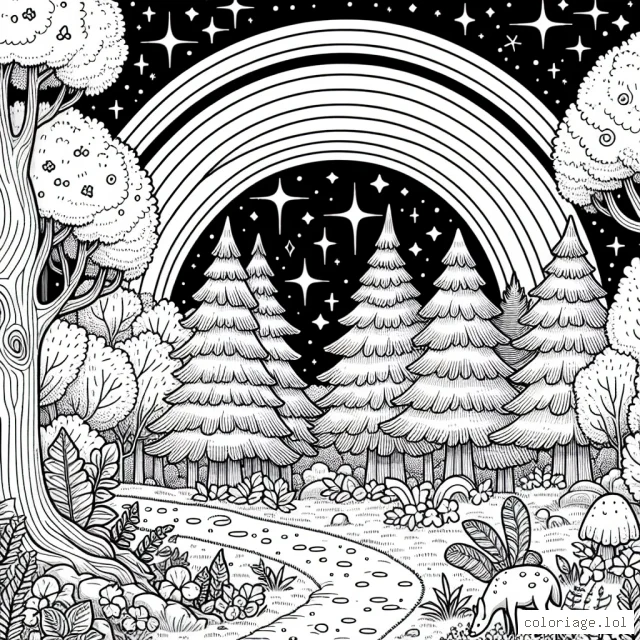 Un arc-en-ciel magique dans une forêt enchantée