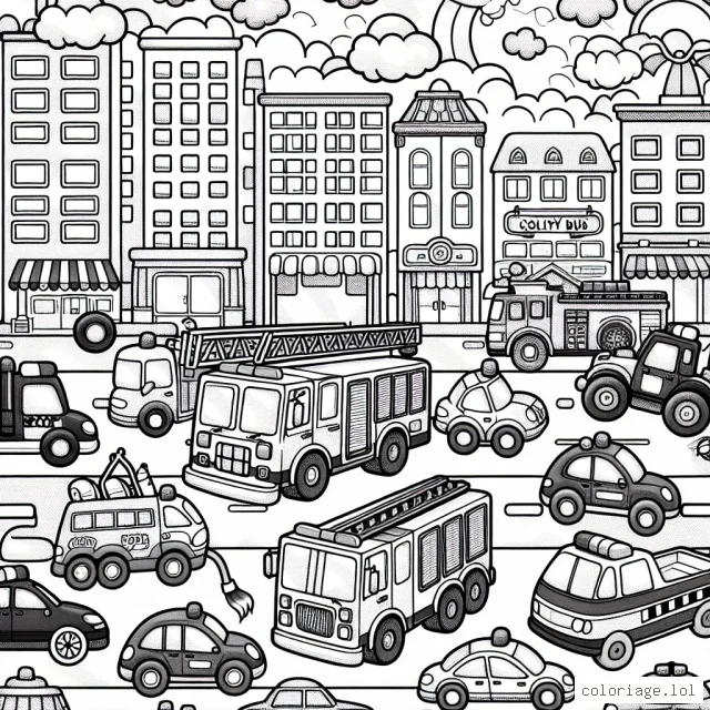 Un défilé de voitures de différentes formes et tailles traversant la ville animée, du camion de pompier à la voiture de police, du bus de ville à la voiture de course. Qui décidera d'ajouter des couleurs à cette scène passionnante ? À vous de jouer !