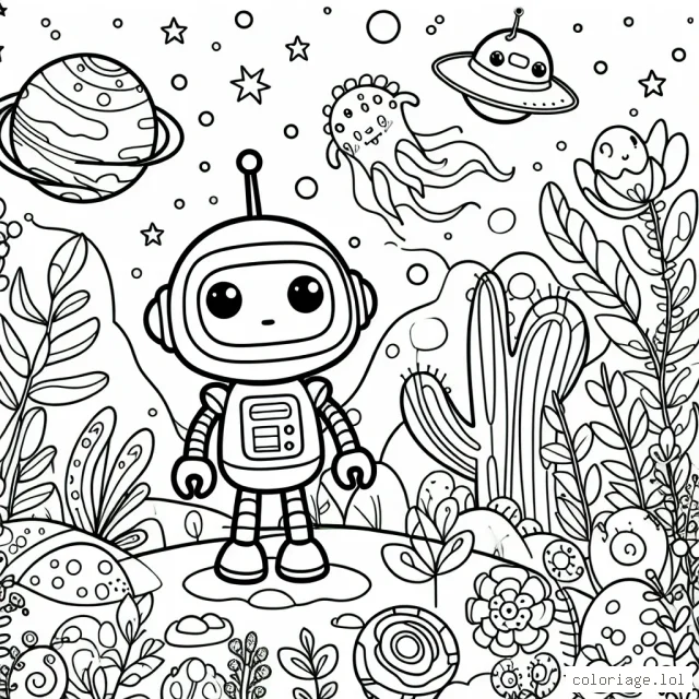 Un petit robot curieux explorant une planète extraterrestre pleine de créatures étranges et de plantes colorées
