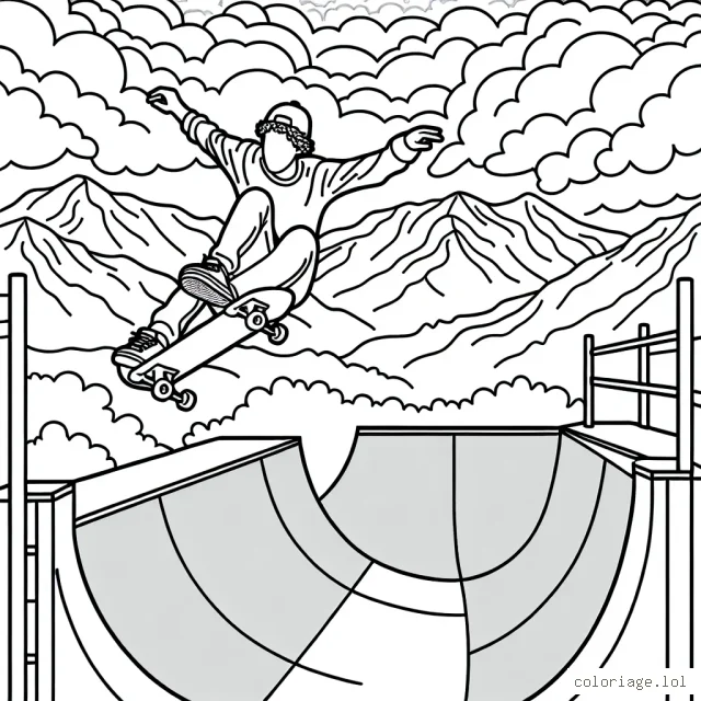 Dessine un skateboarder professionnel effectuant des cascades dans un half-pipe coloré avec un paysage de montagnes enneigées en arrière-plan.