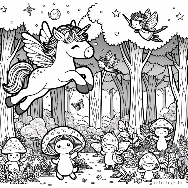 Dessine une licorne volante dans une forêt enchantée où vivent des fées amicales et des créatures magiques.