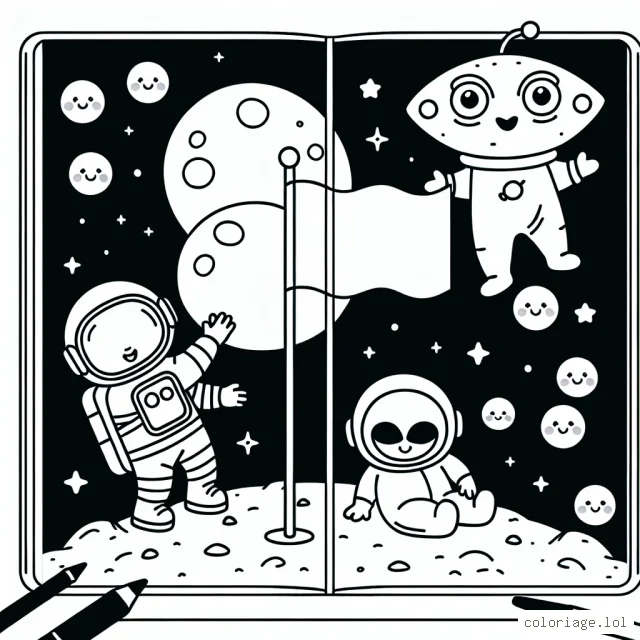 Un astronaute plantant un drapeau sur la lune avec des extraterrestres souriants