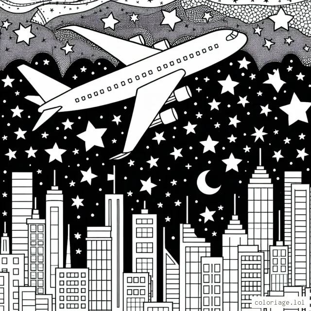 Dessine un avion survolant une grande ville avec des étoiles scintillantes dans le ciel pendant la nuit.