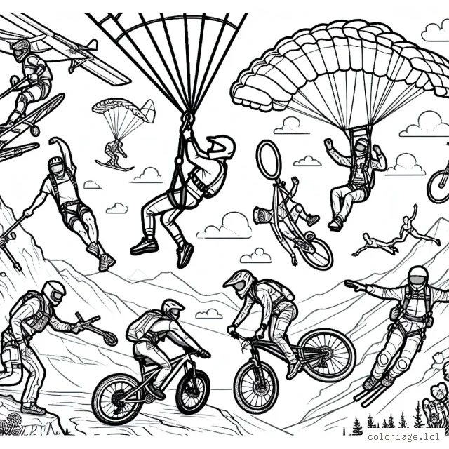 Dessinez une scène avec des athlètes pratiquant une variété de sports extrêmes comme le parachutisme, le VTT et le saut à la perche