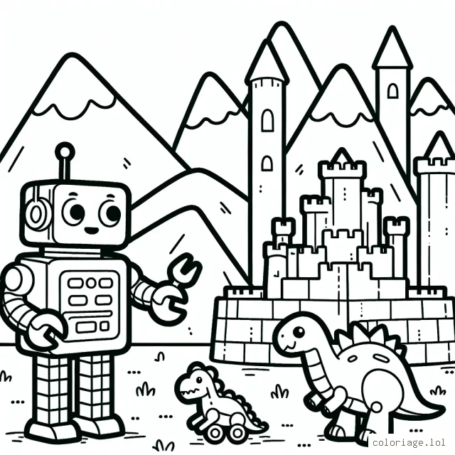 Un robot amical construit un château fort à côté de son petit dinosaure en plastique devant un fond de paysage montagneux.