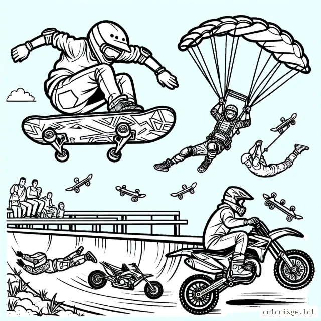 Sur la page se trouvent plusieurs figures marquantes des sports extrêmes, une silhouette en train de faire du skateboard dans un skatepark, une autre faisant du parachute, et une personne en train de faire de la motocross. La page est pleine d'actions et de mouvements, avec des détails qui captiventeront l'énergie et l'intérêt des enfants.