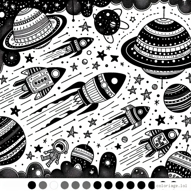 Une flotte de vaisseaux spatiaux volant à travers la galaxies, entourés d'étoiles étincelantes et de planètes aux formes et aux couleurs étranges. Il y a aussi quelques petits astronautes flottant dans l'espace, essayant de réparer leur vaisseau.