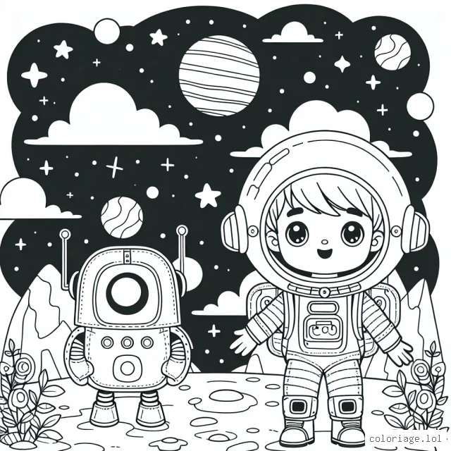 Un courageux petit astronaute explorant une planète inconnue avec son fidèle robot