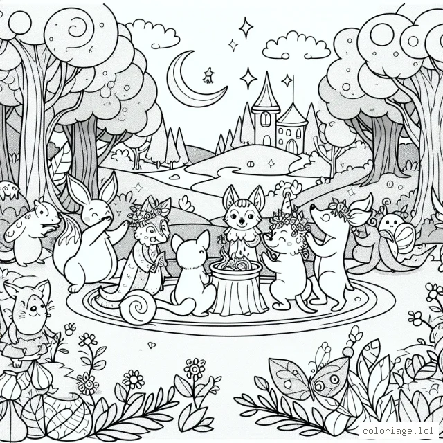 Un groupe de créatures fantastiques festoyant dans une forêt enchantée