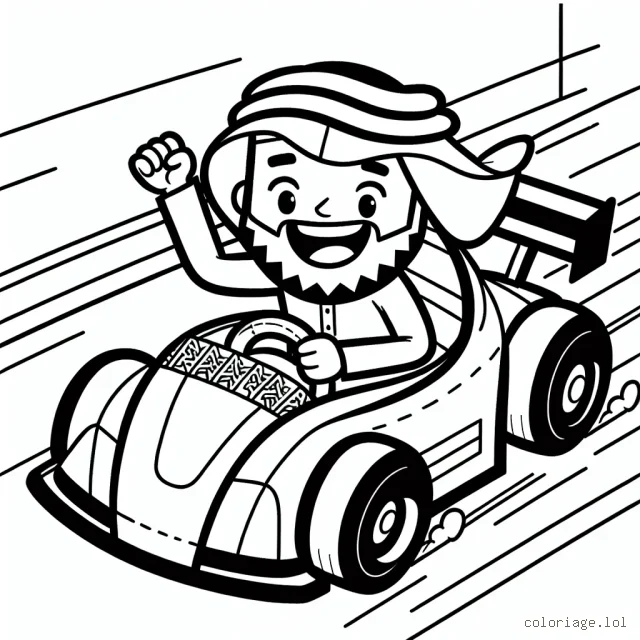 Dessine une scène dynamique avec une voiture de course filant à toute vitesse sur un circuit, accompagnée de son pilote enthousiaste. N'oublie pas d'ajouter des détails sur la voiture ainsi que le paysage.